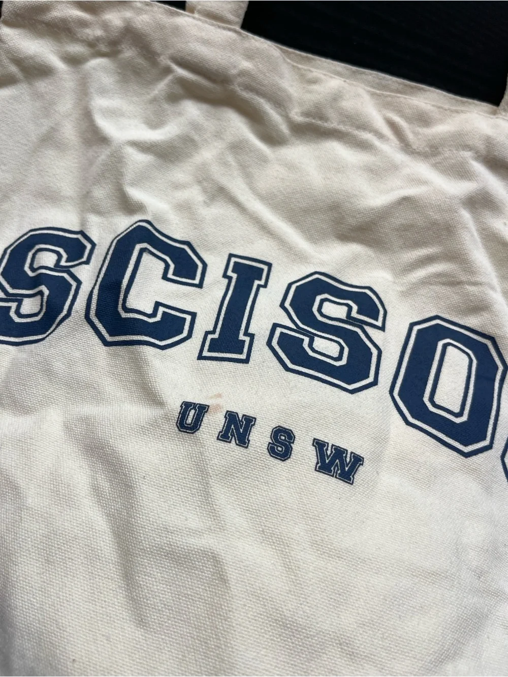 UNSW SCISOC Off White Canvas Tote Bag Small Navy Blue Graphic Print Pockets